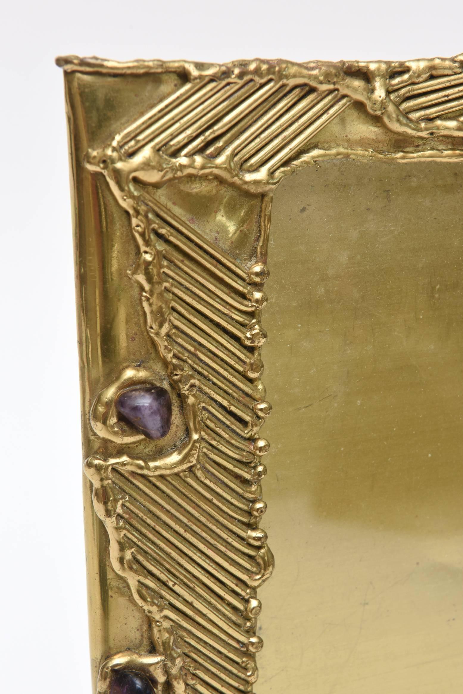 Brazilian Sculptural and Jeweled Brass/Amethyst, Quartz and Agate Picture Frame/Mirror