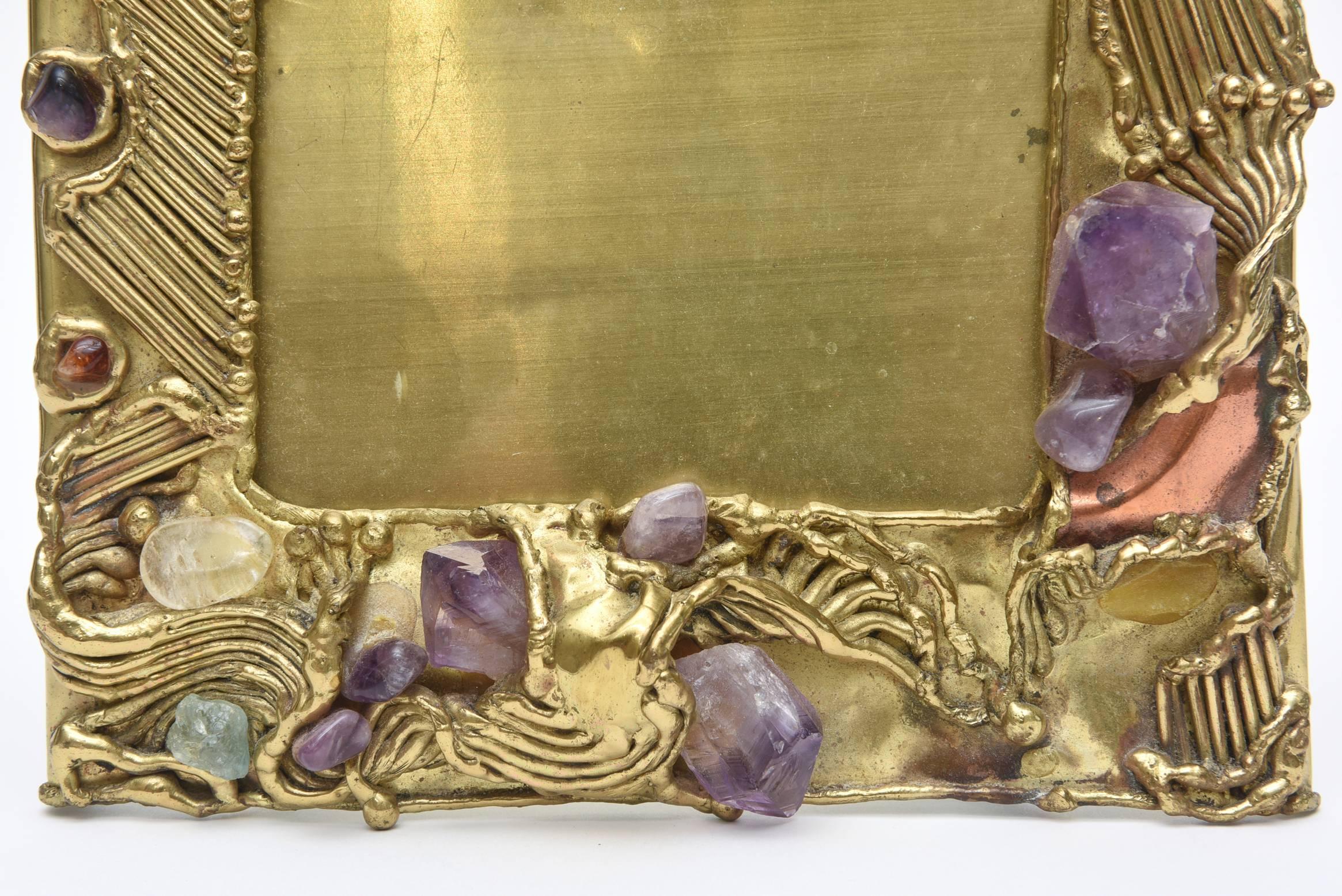 Late 20th Century Sculptural and Jeweled Brass/Amethyst, Quartz and Agate Picture Frame/Mirror