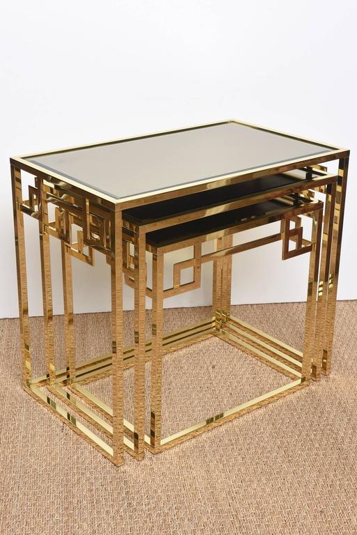 Set of Three Italian Polished Brass and Glass Greek Key Nesting Tables