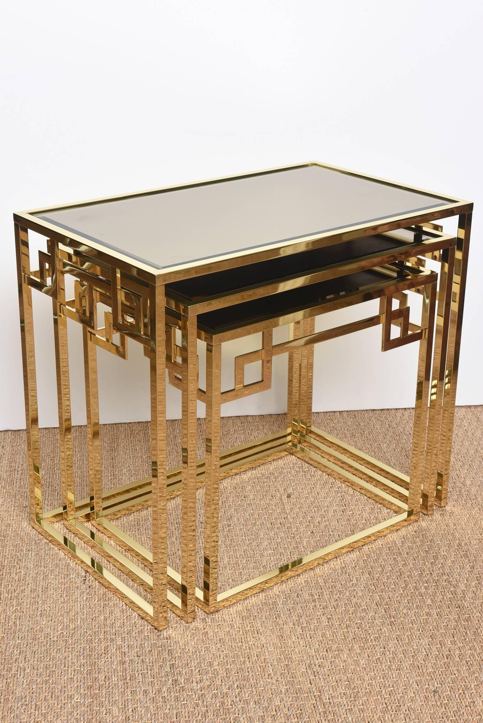 Modern Italian Vintage Brass and Glass Greek Key Nesting Tables Set of Three For Sale