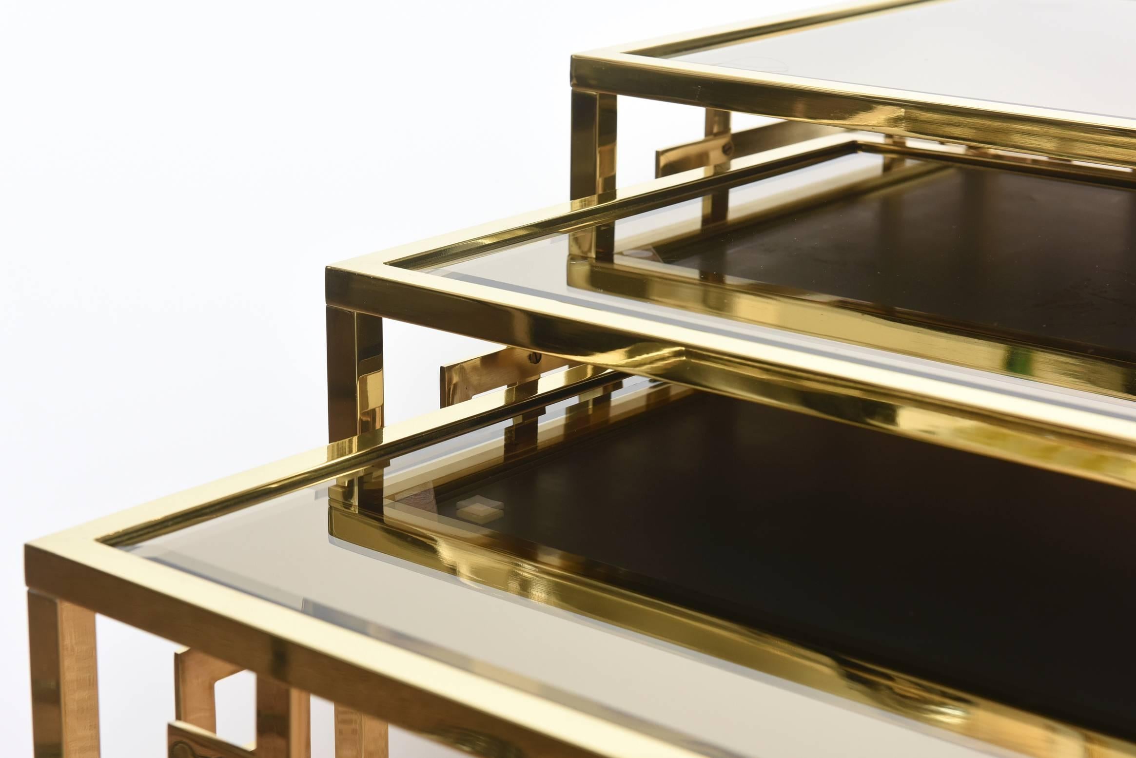 Late 20th Century Italian Vintage Brass and Glass Greek Key Nesting Tables Set of Three For Sale