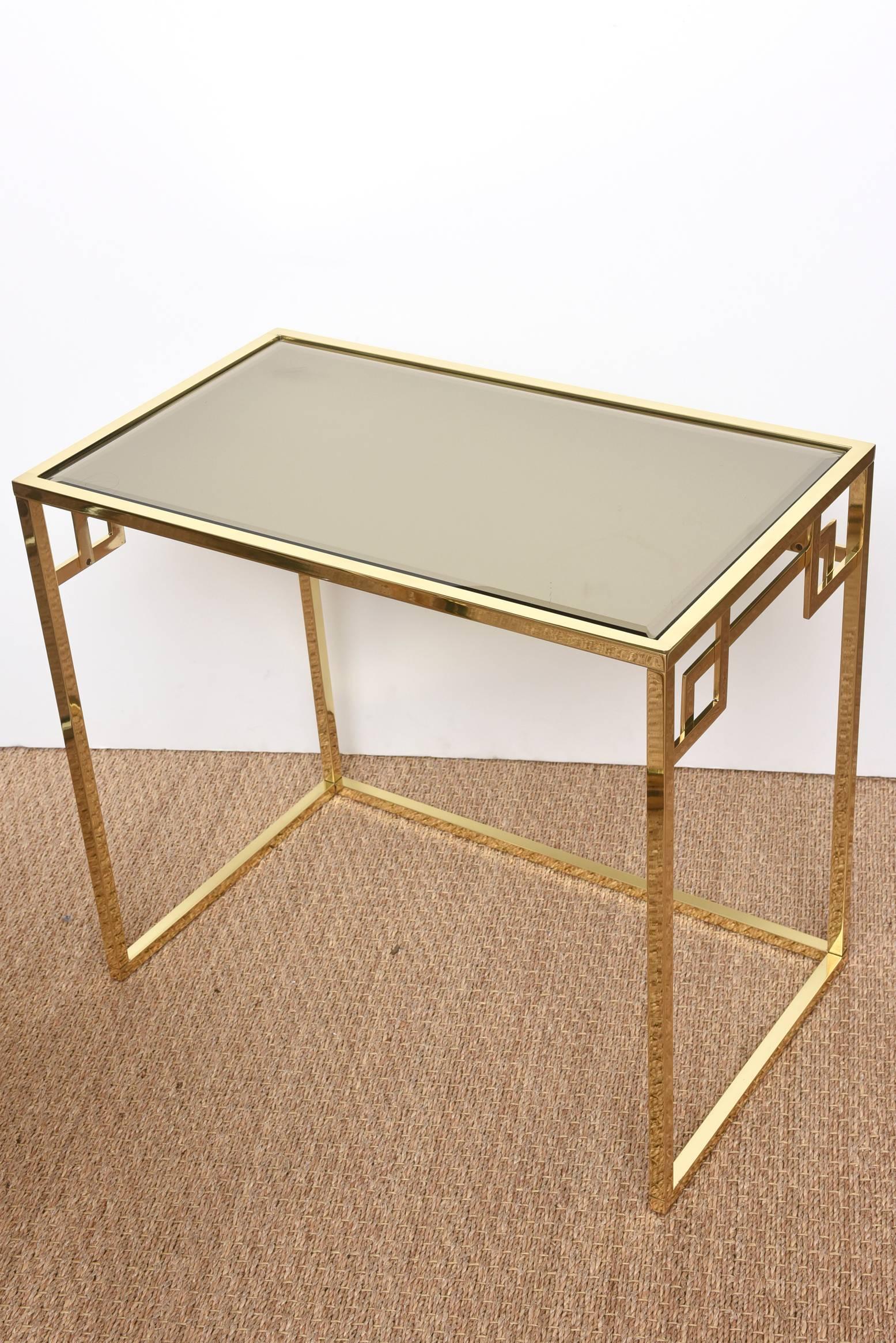 Italian Vintage Brass and Glass Greek Key Nesting Tables Set of Three For Sale 2