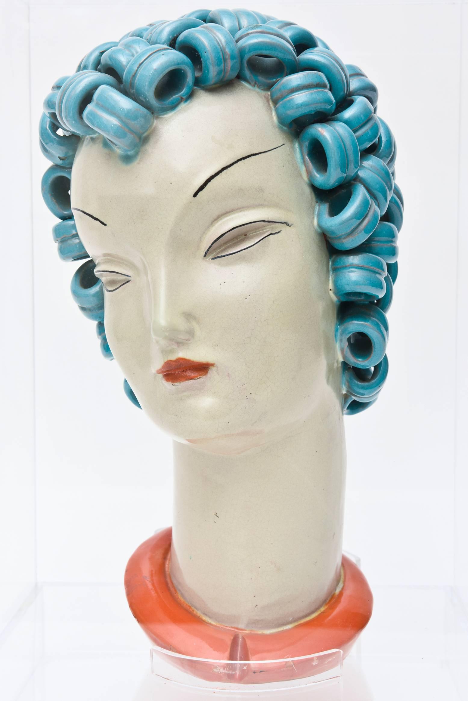 Hungarian Goldscheider Inspired Czech Signed Ceramic Stylized Art Deco Head