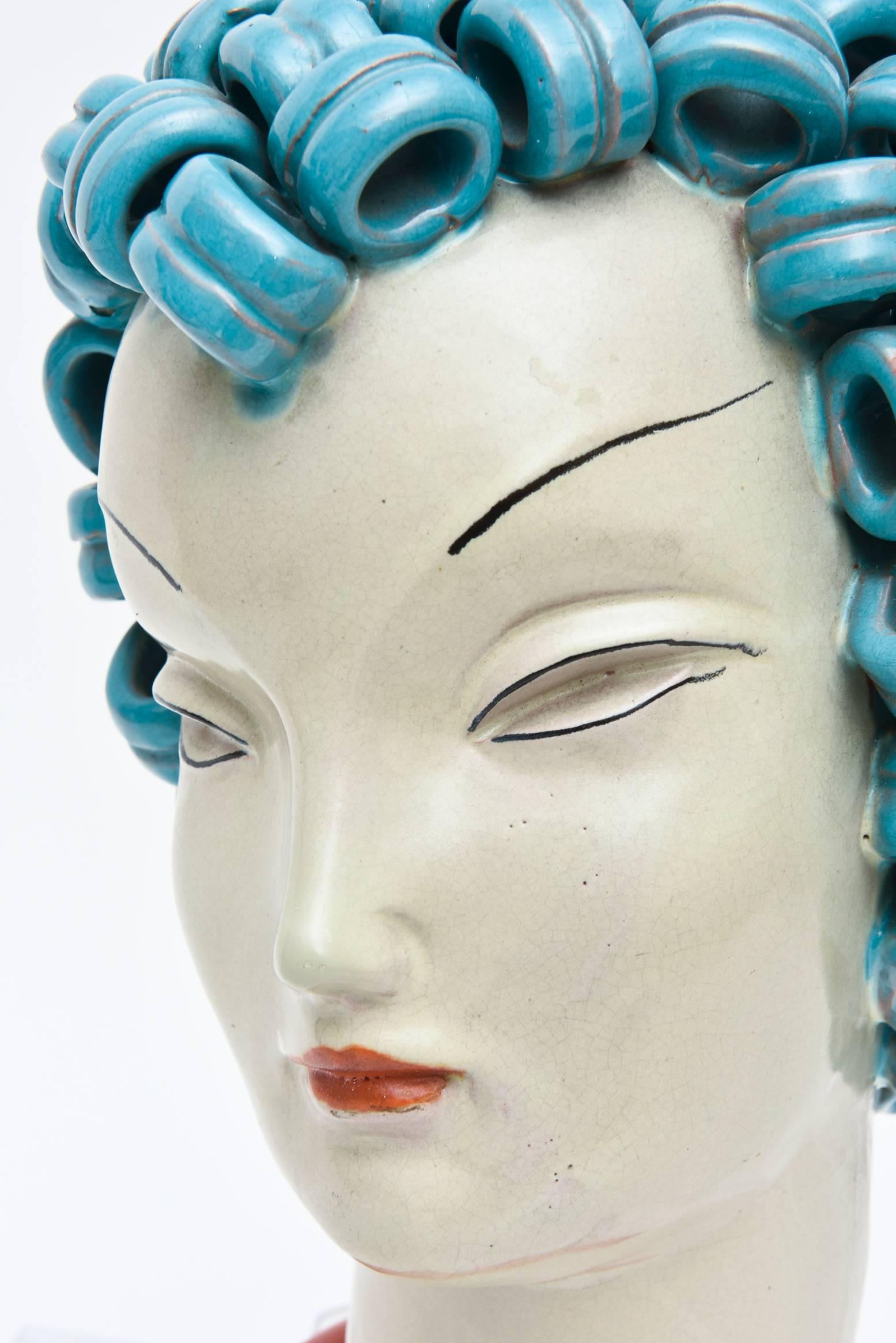 Goldscheider Inspired Czech Signed Ceramic Stylized Art Deco Head In Good Condition In North Miami, FL