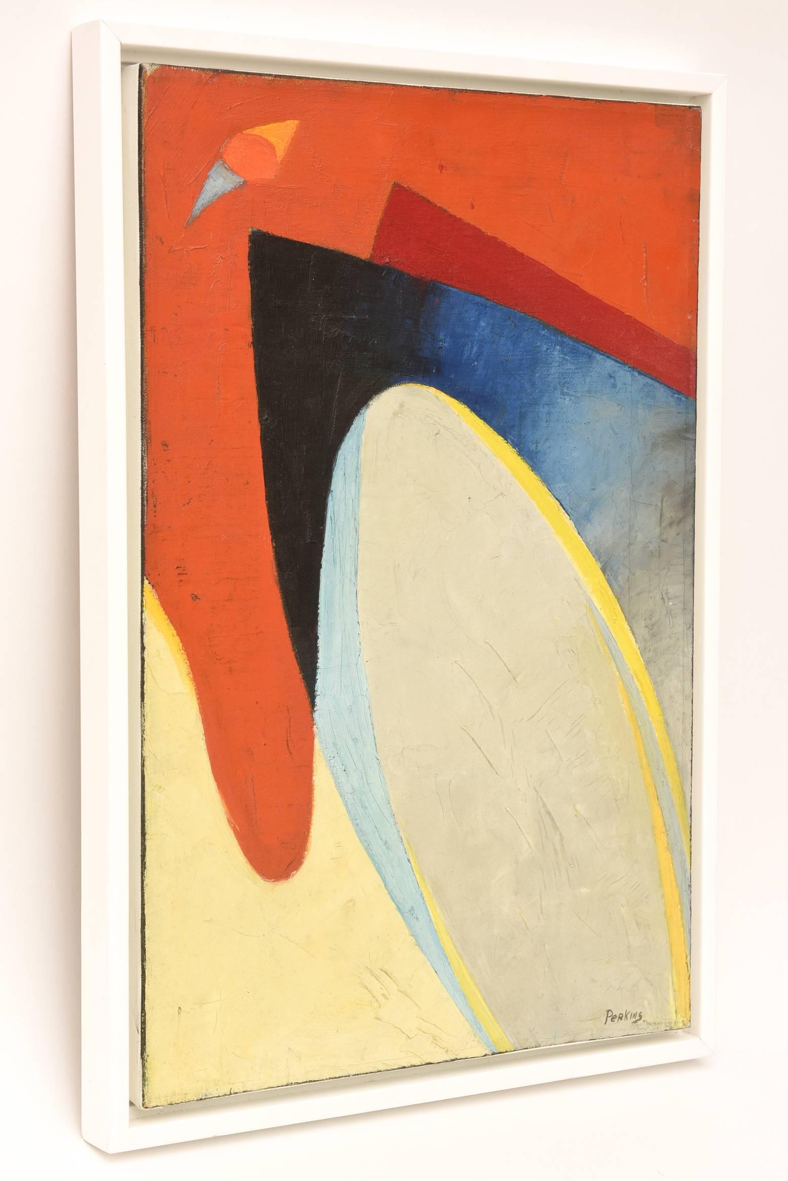 Questo meraviglioso dipinto del 1970, che presenta grandi piani di colore e campi, è opera del pittore astratto Philip Perkins. Il suo curriculum è impressionante, con i primi studi in Europa con importanti pittori come Fernard Leger dal 1934 al