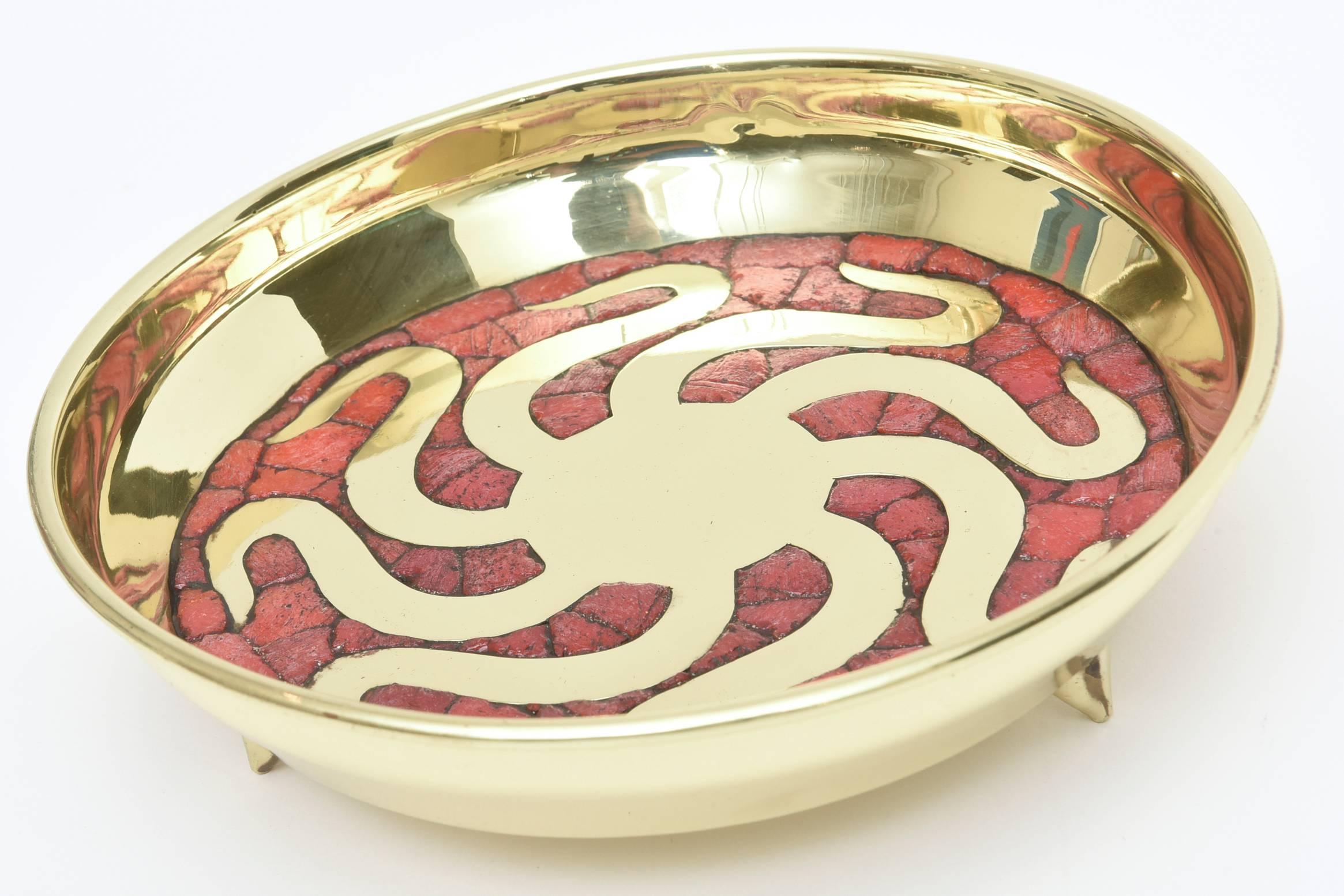 Signed/Hallmarked Salvador Teran Polished Brass and Red Glass Bowl In Excellent Condition In North Miami, FL