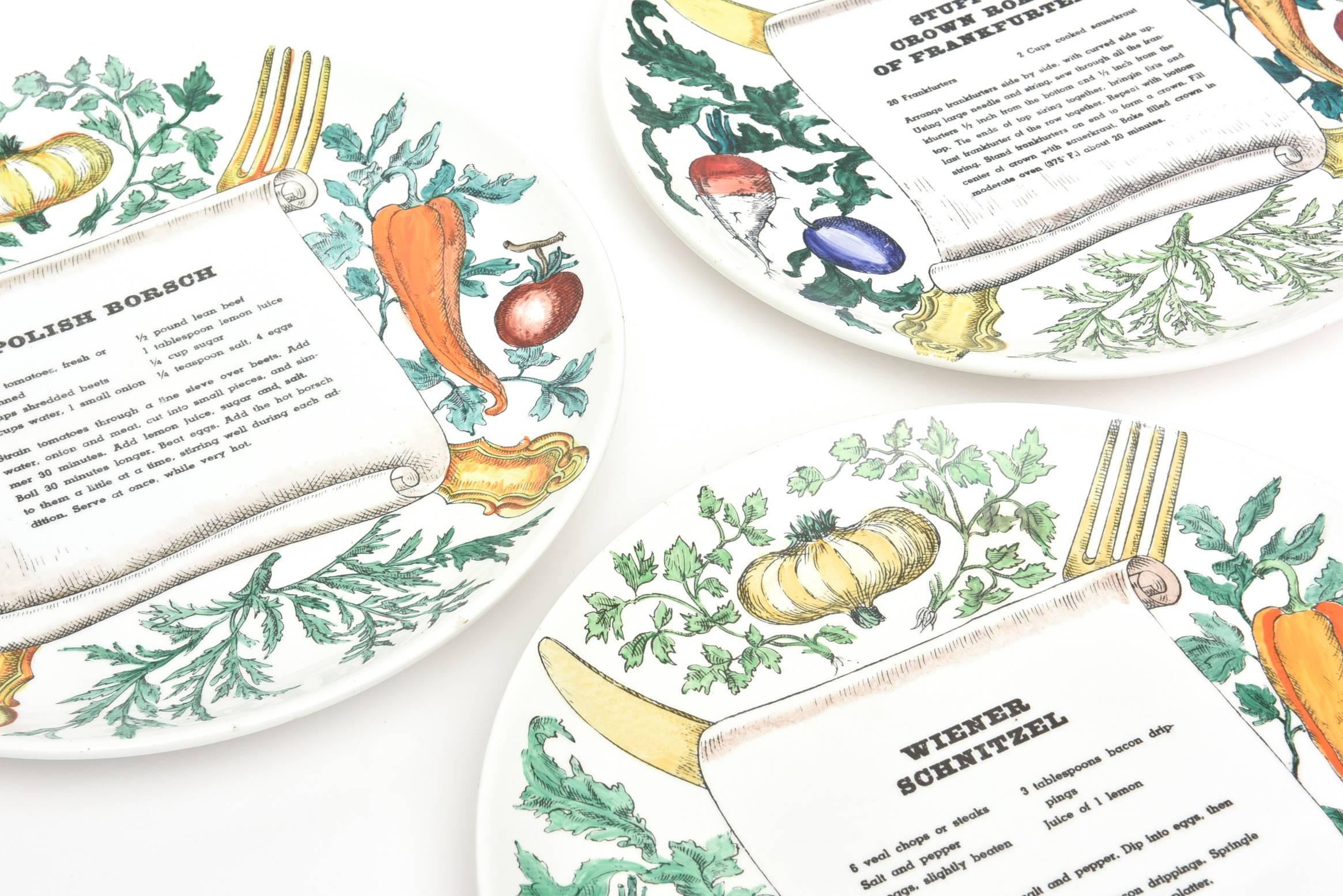 These delightful hallmarked set of three Italian Mid-Century Modern Piero Fornasetti recipe plates are amusing and unusual. One is for stuffed crown roast or frankfurters, the other for wiener schnitzel, and the other for Polish Borsch. The