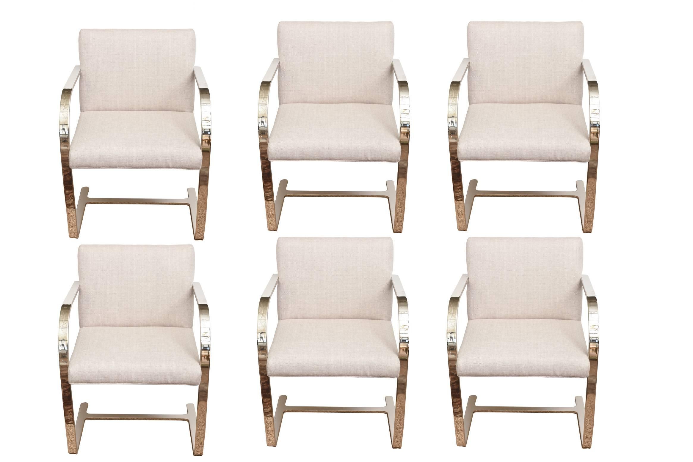 The set of six fully restored Mies Van Der Rohe Knoll Brno chromed and upholstered dining chairs are very comfortable and are modern.
They have great weight to them.
These Classic and timeless chairs need no further verbiages.
They have been