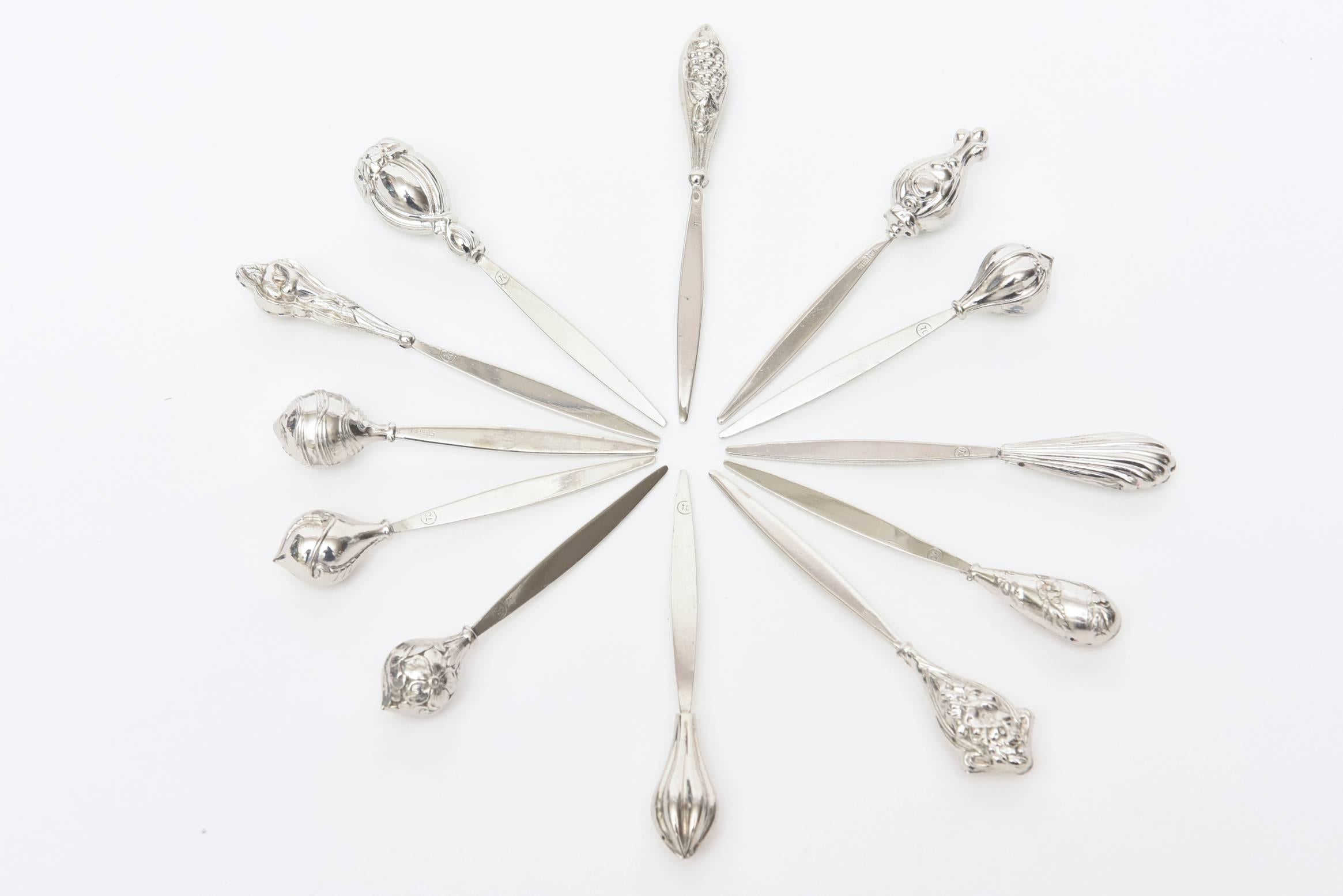 These wonderful polished sterling silver marked serving picks can be used for anything. They would be great for hor d'oeuvres.
They are from the late 1950s, early 1960s. Their heads have a classical and different design to theme to them and look