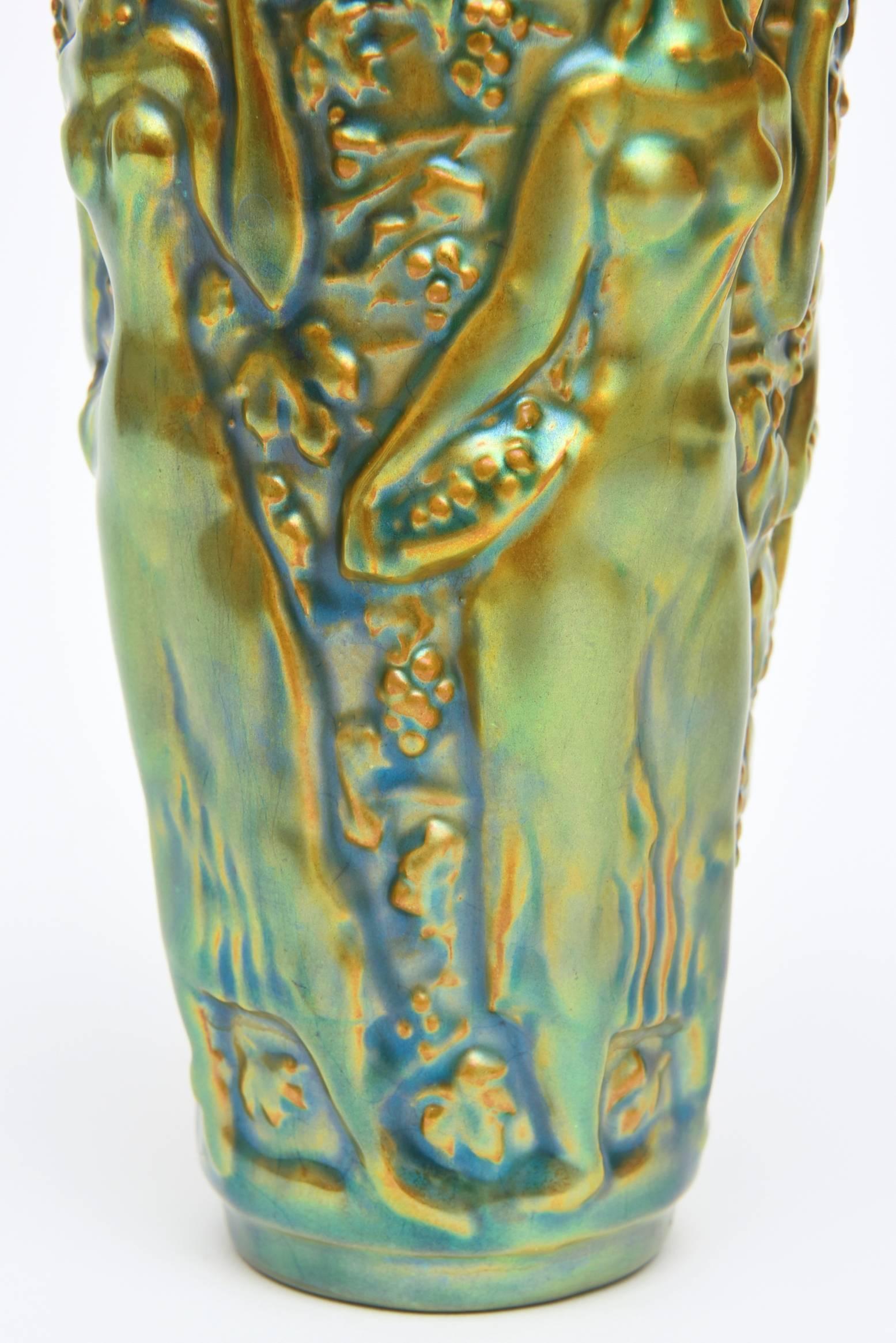 Hungarian Zsolnay Vintage Glazed Green, Brown and Turquoise Nude Relief Ceramic Vase