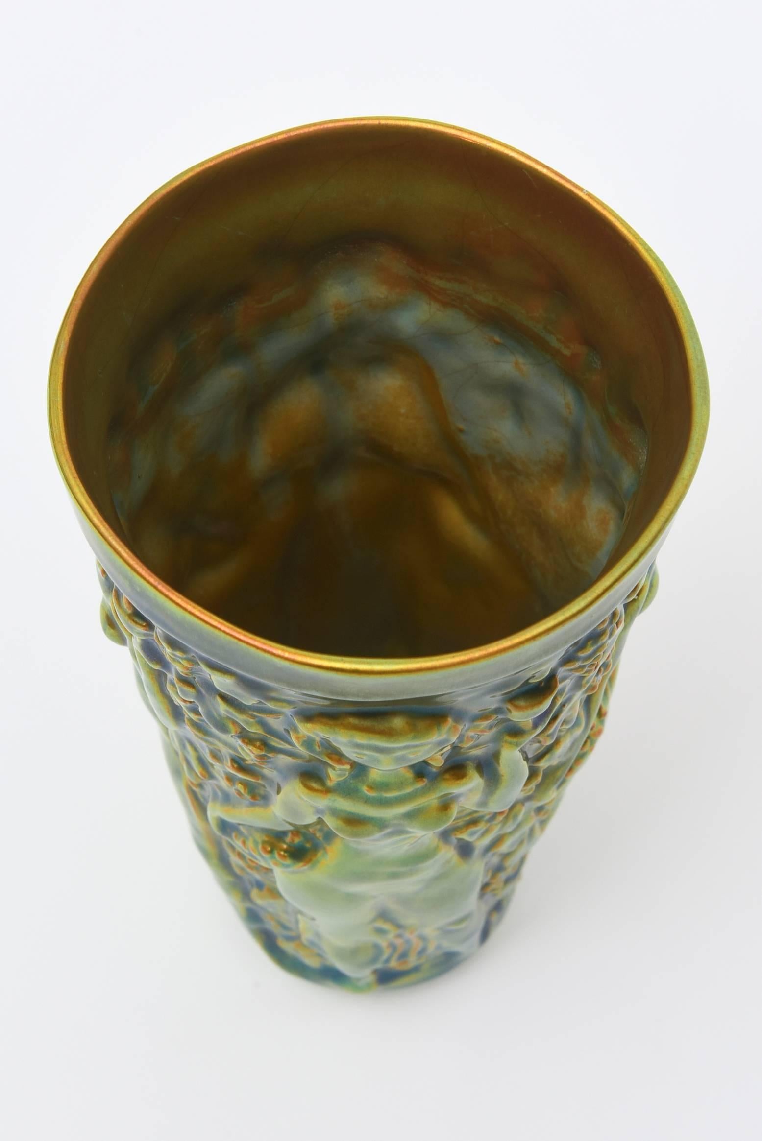 Zsolnay Vintage Glazed Green, Brown and Turquoise Nude Relief Ceramic Vase In Good Condition In North Miami, FL