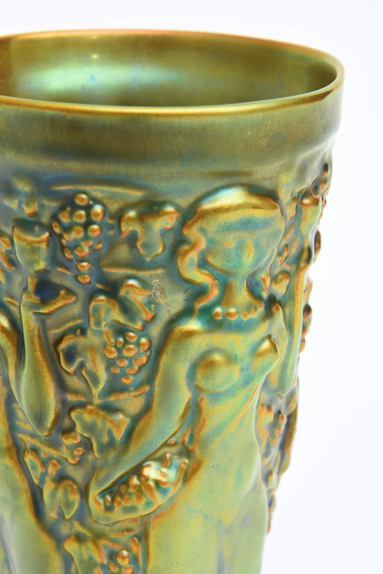 Early 20th Century Zsolnay Vintage Glazed Green, Brown and Turquoise Nude Relief Ceramic Vase
