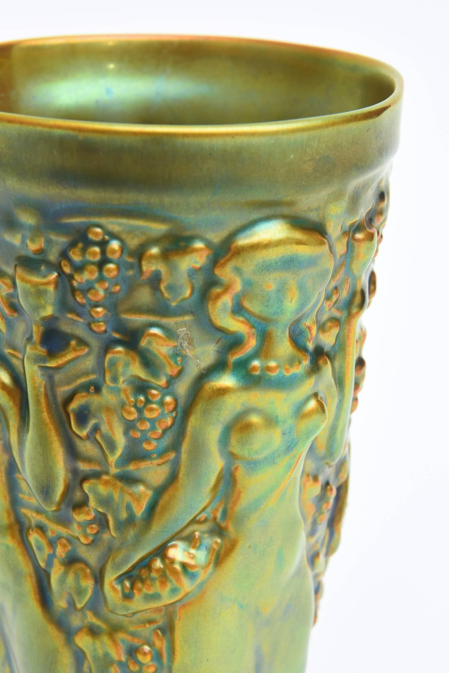 Early 20th Century Zsolnay Vintage Glazed Green, Brown and Turquoise Nude Relief Ceramic Vase For Sale