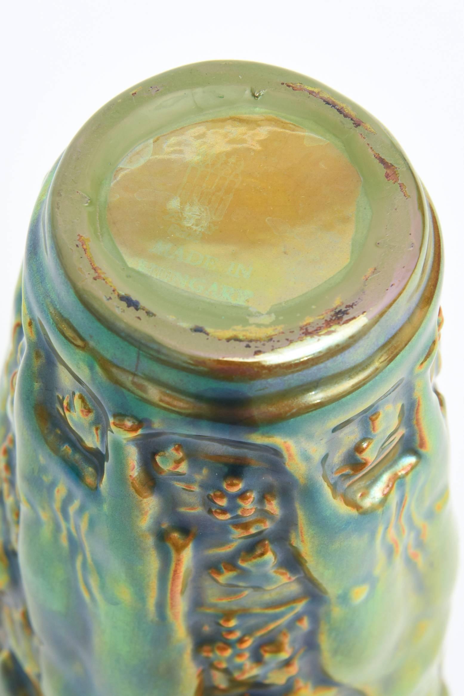 Céramique Zsolnay Vintage Glazed Green, Brown and Turquoise Nude Relief Ceramic Vase en vente