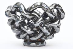 Italian Gun Metal Iridescent Glazed Ceramic Signed and Twisted Sculptural Bowl