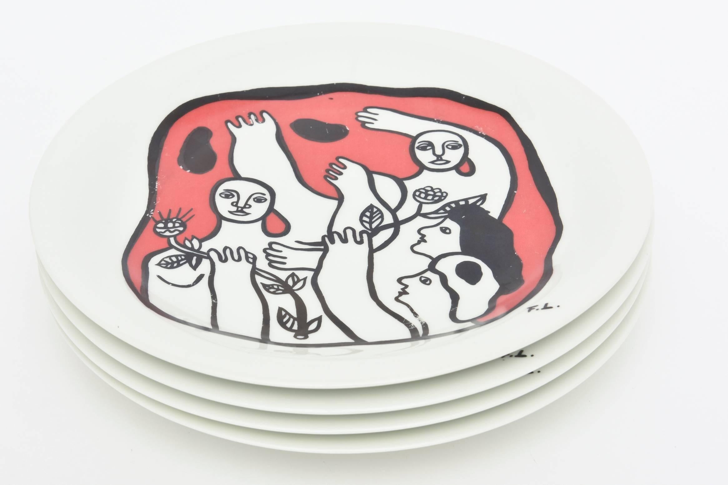 Fernand Léger After Black Red White French Limoges Porcelain Plates Set/ 4 Bon état - En vente à North Miami, FL