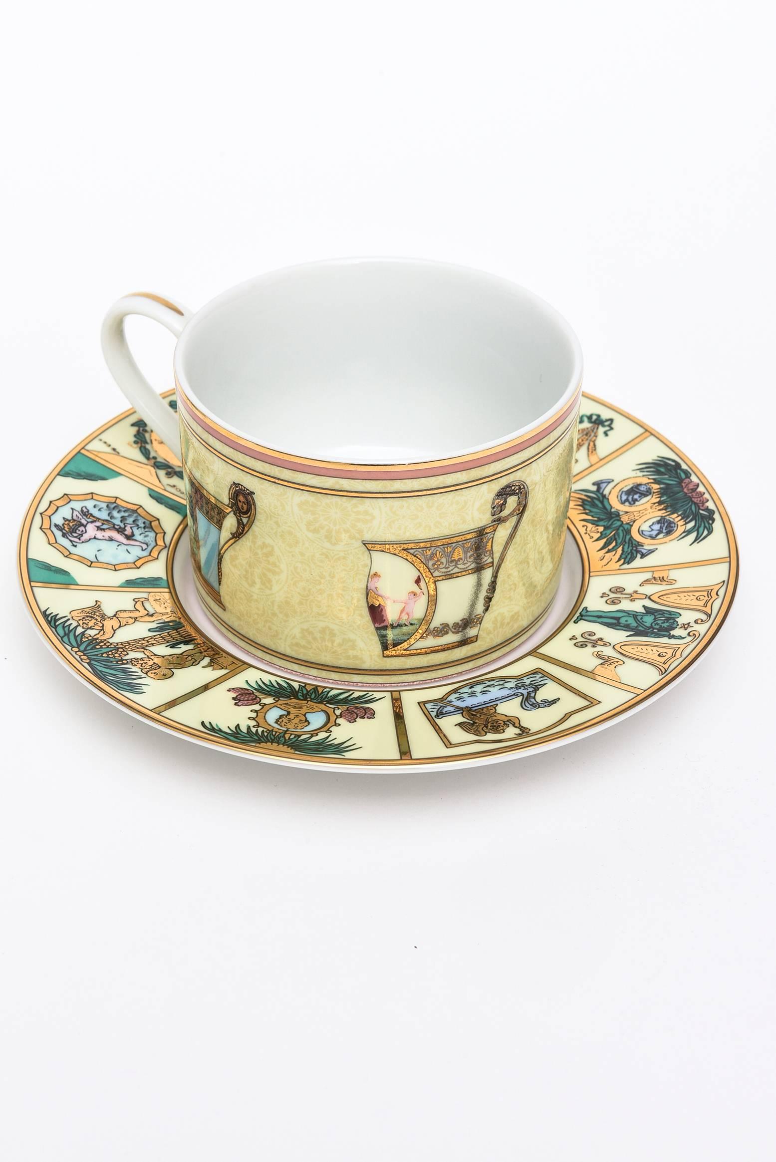 Pair of Gucci Greek Mythological Porcelain Cups and Saucers In Excellent Condition In North Miami, FL