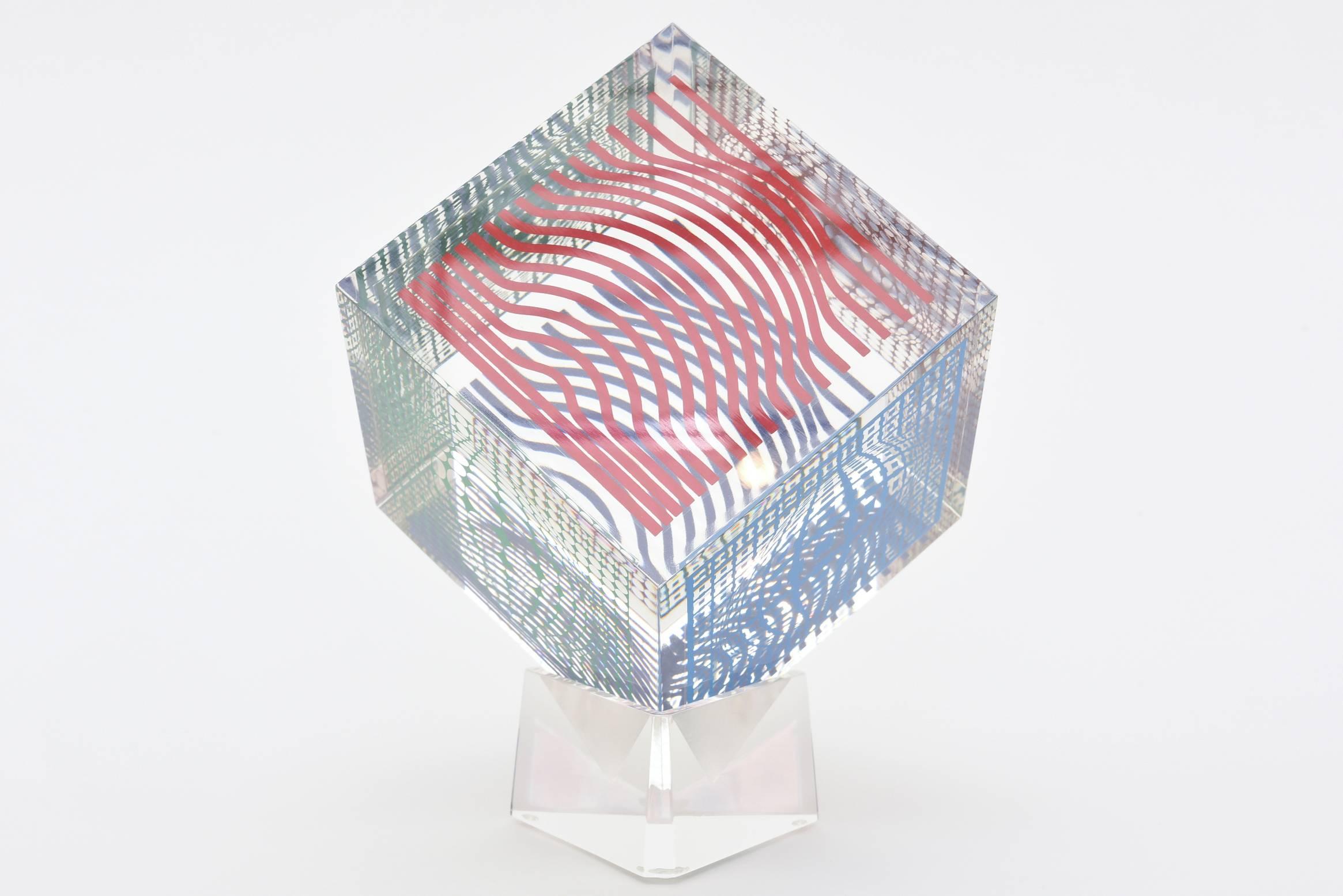 From all angles this amazing lucite op art Victor Vasarely acrylic and silkscreen cube sculpture changes graphic dynamics and images and art. It is fabulous!
Victor Vasarely was a Hungarian born artist who lived in France and died in Paris in