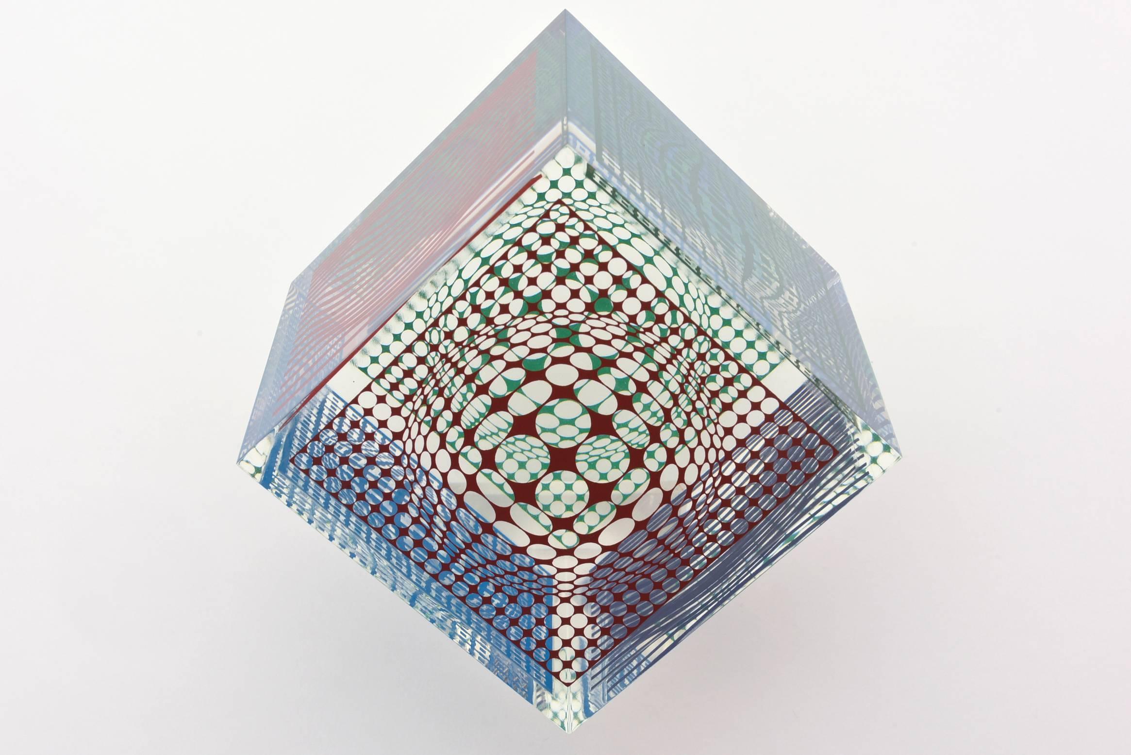 Mid-Century Modern Victor Vasarely Acrylic and Silkscreen Graphic Cube Abstract Op Art Sculpture