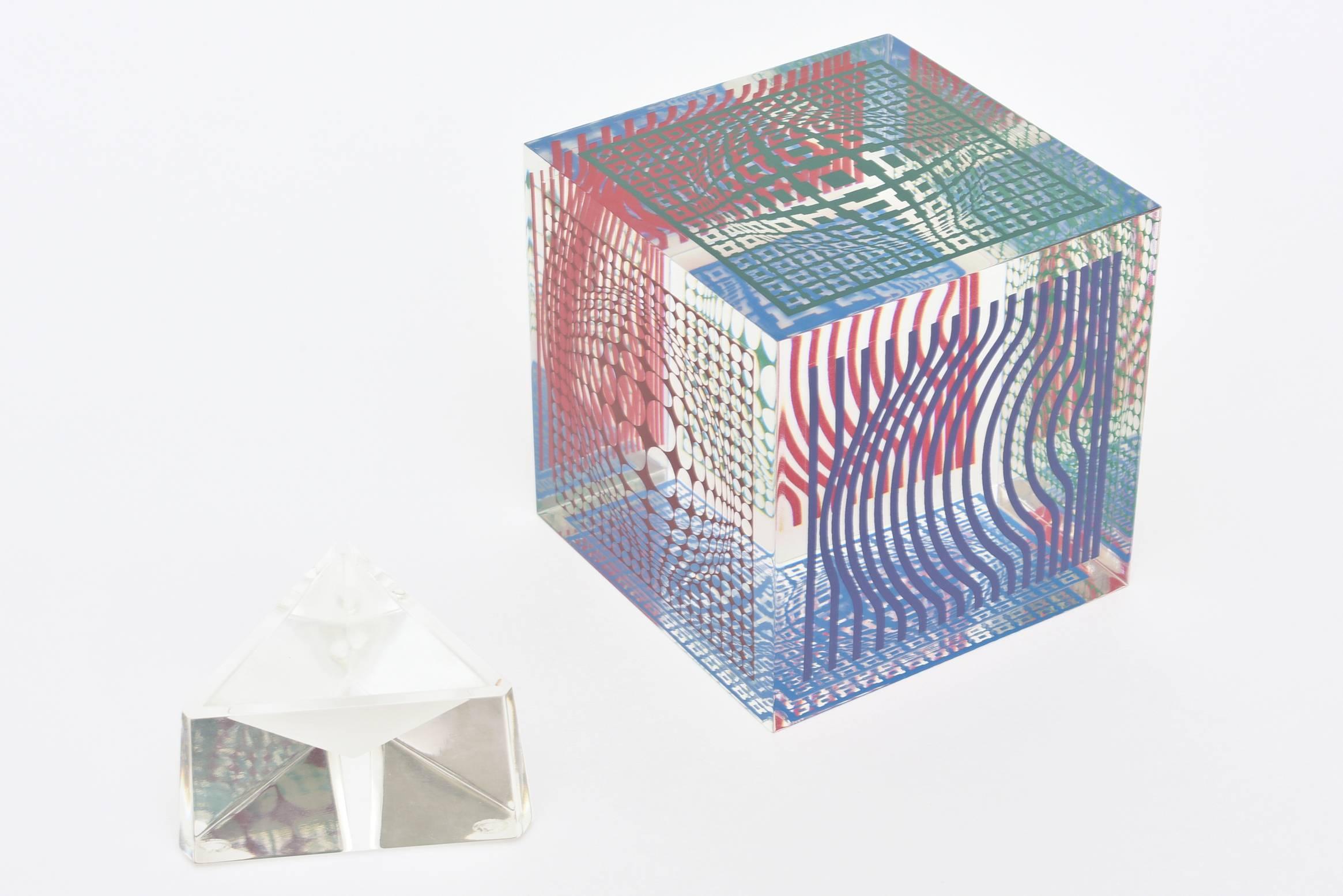 Victor Vasarely Acrylic and Silkscreen Graphic Cube Abstract Op Art Sculpture In Excellent Condition In North Miami, FL