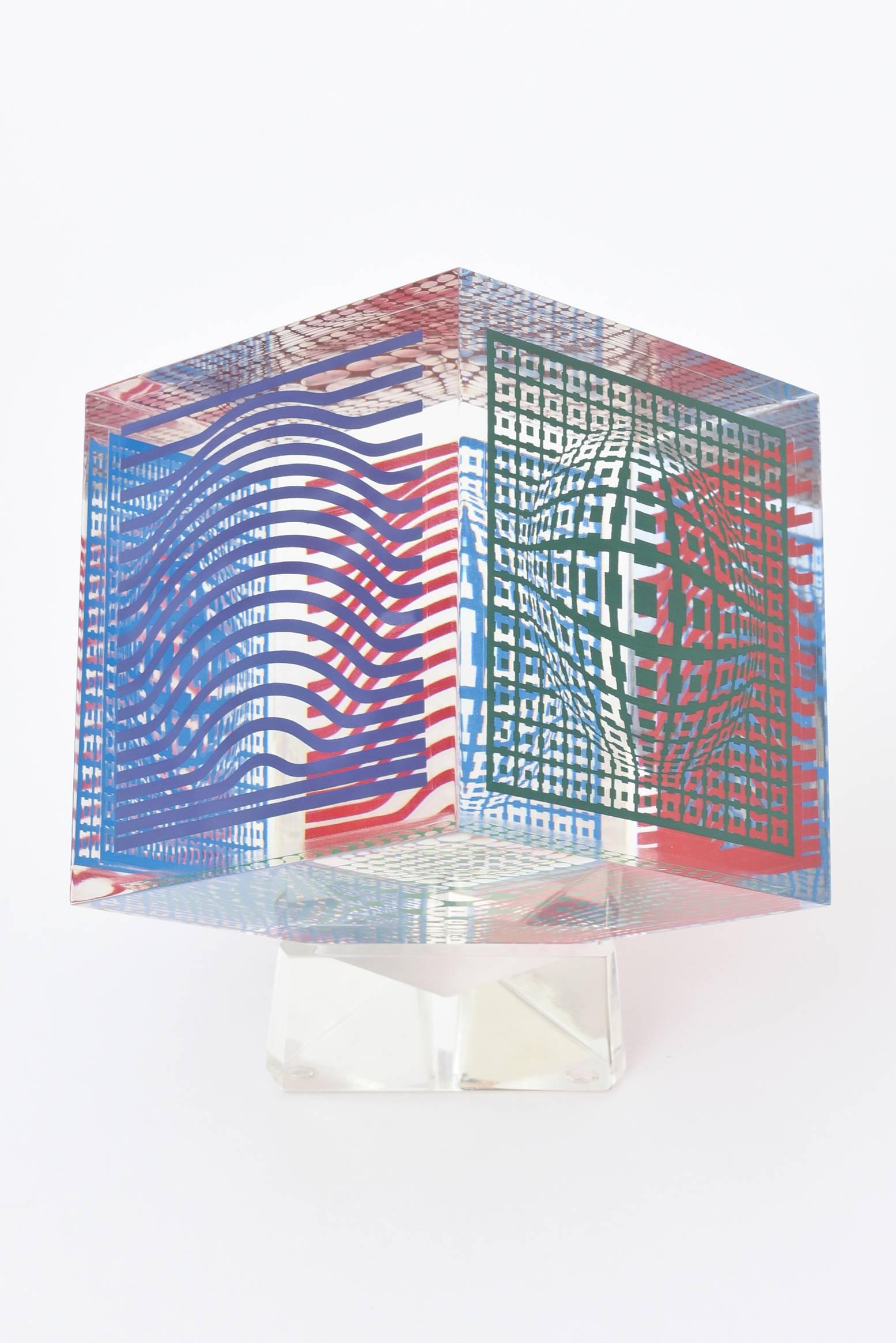 Victor Vasarely Acrylic and Silkscreen Graphic Cube Abstract Op Art Sculpture 1