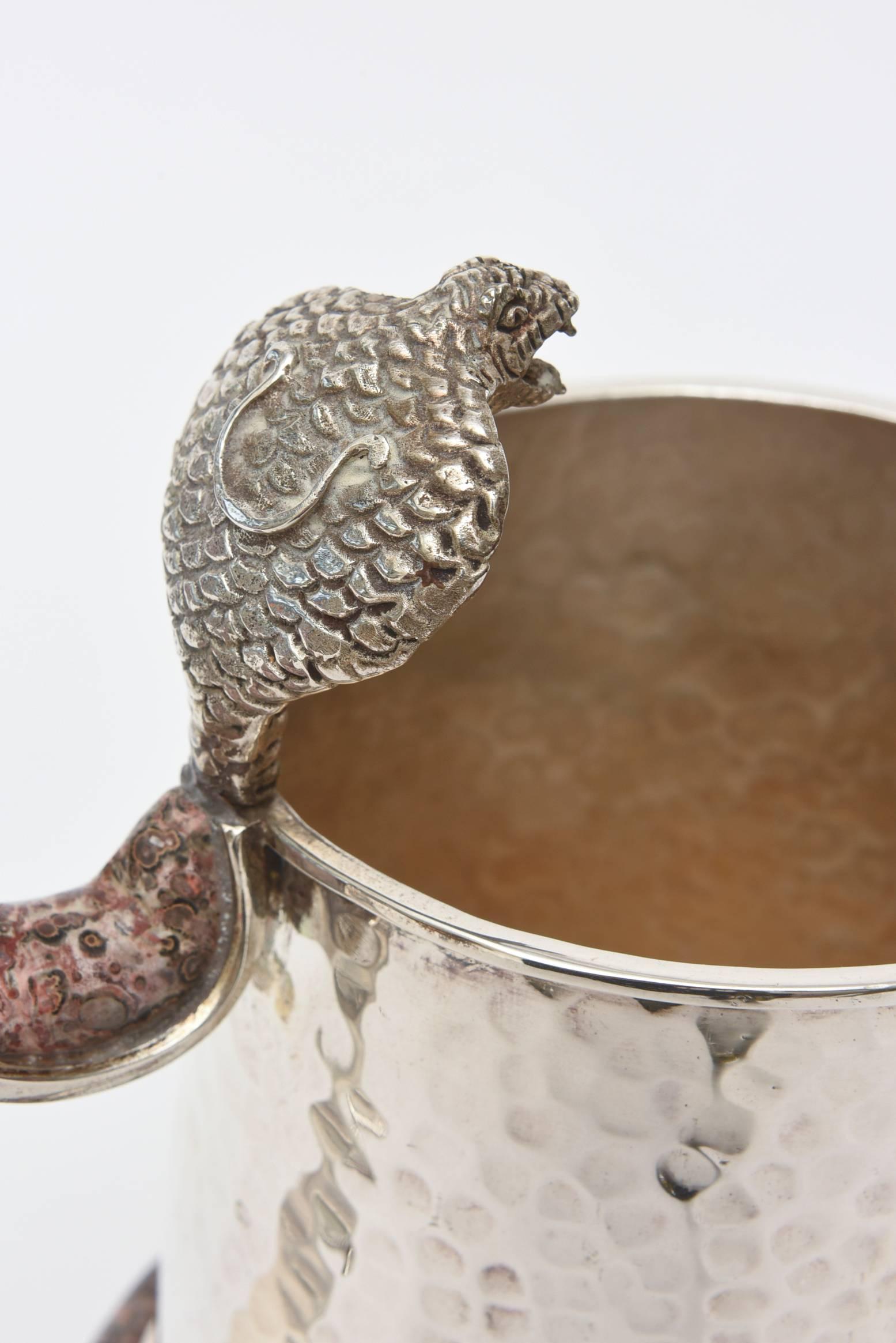 Mid-Century Modern Stunning Emilia Castillo Hand Hammered Silver-Plate Pitcher/Vase with Stone
