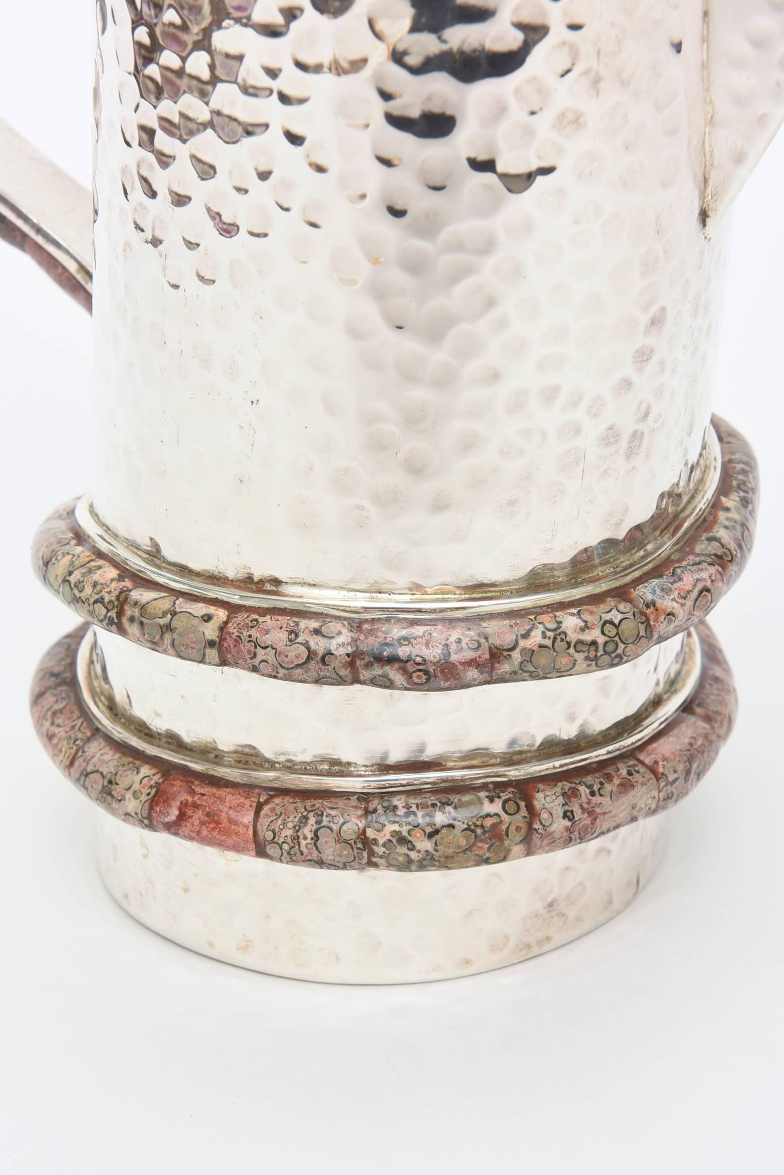 Stunning Emilia Castillo Hand Hammered Silver-Plate Pitcher/Vase with Stone In Excellent Condition In North Miami, FL