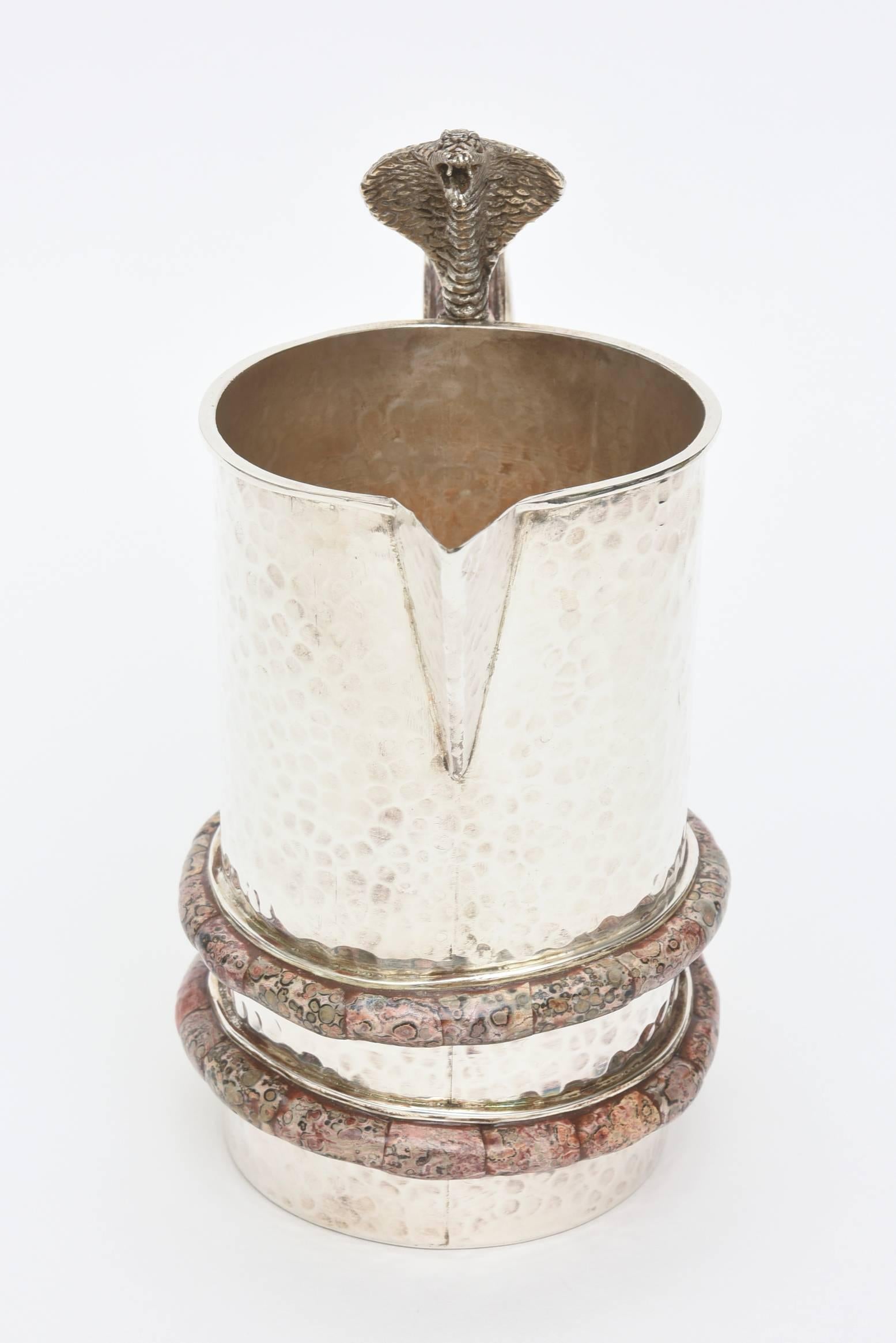 Late 20th Century Stunning Emilia Castillo Hand Hammered Silver-Plate Pitcher/Vase with Stone