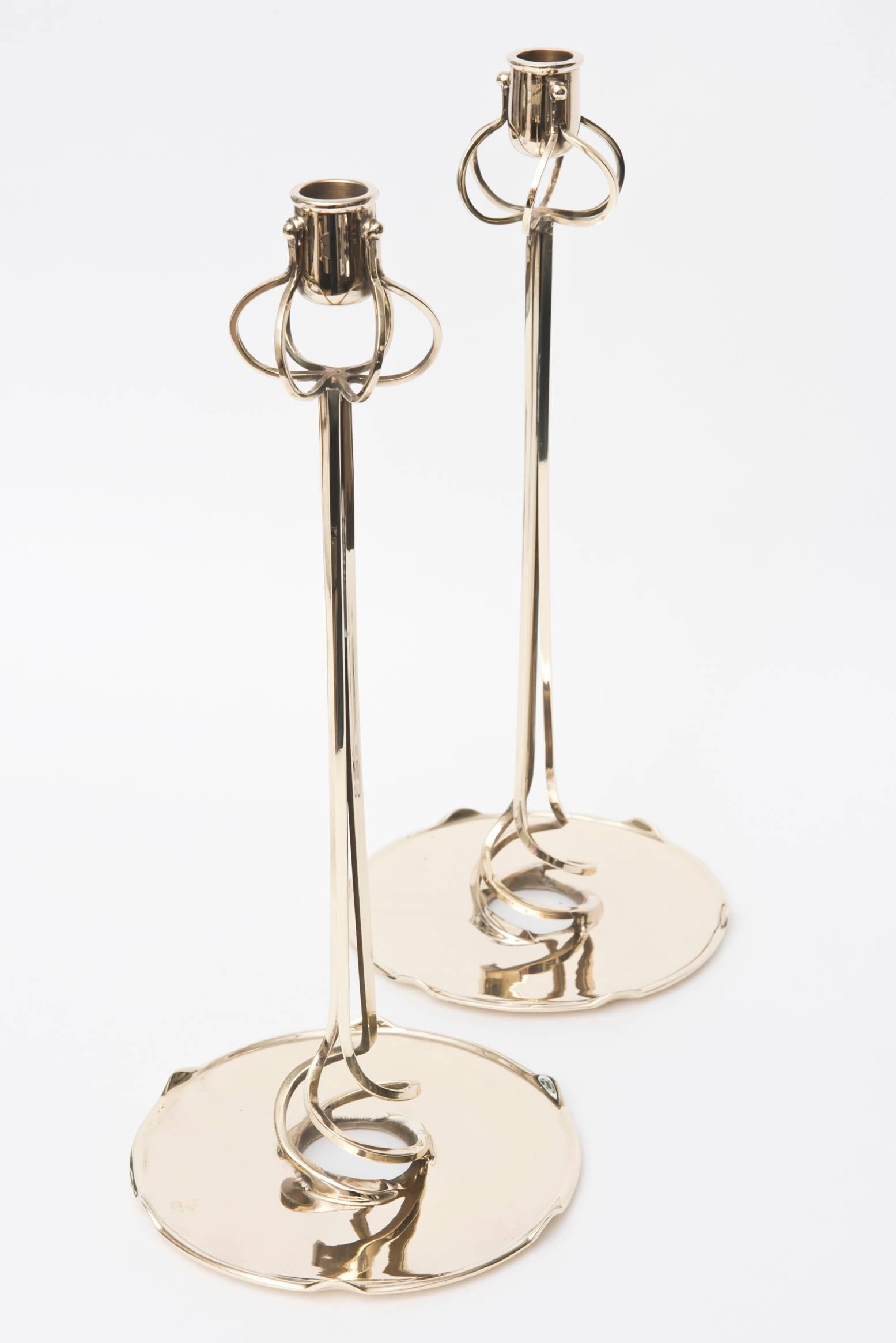 Pair of Rare Friedrich Adler Art Nouveau Polished Brass Candlesticks 1