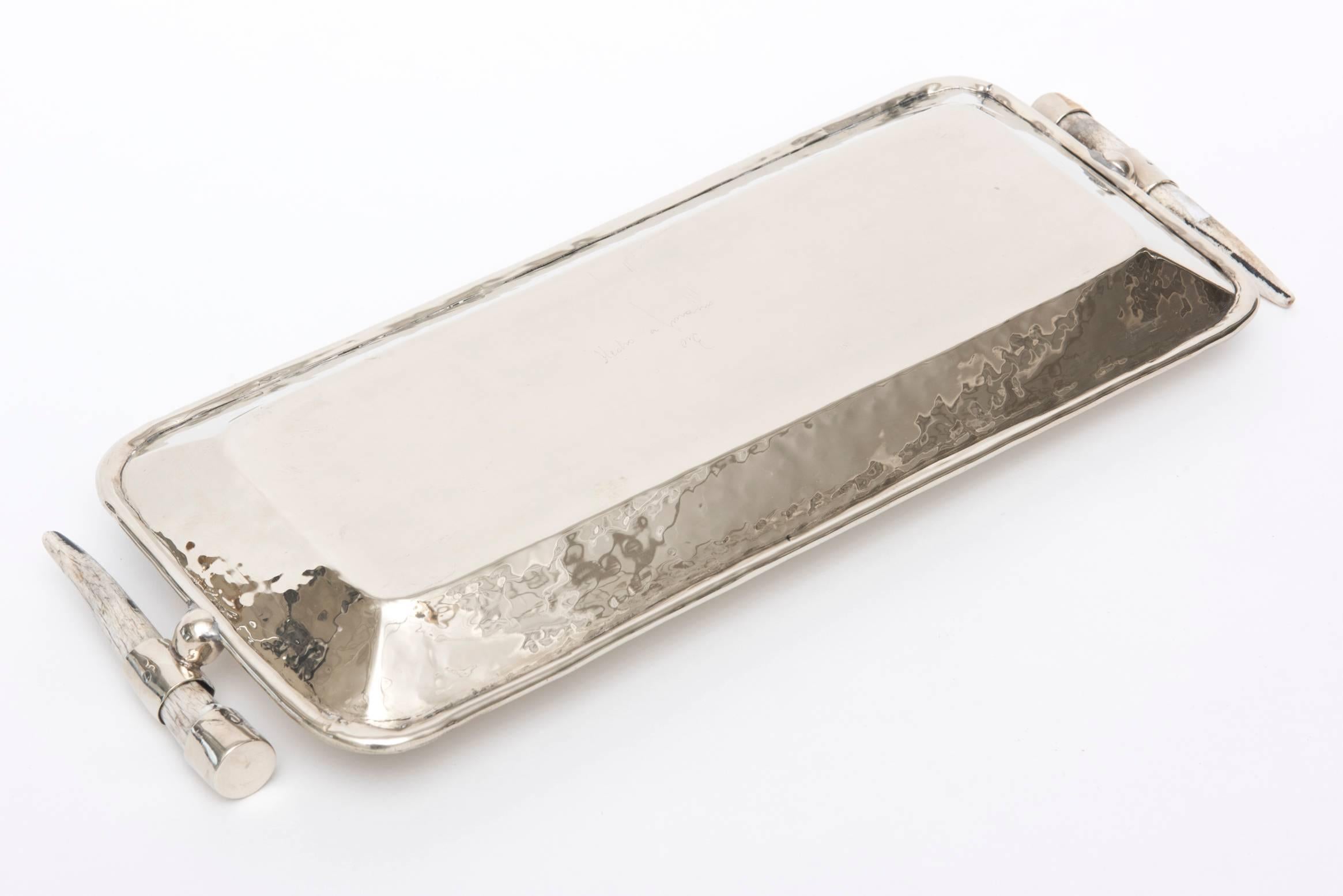  Hand-Hammered Silver Plate & Horn Oblong Tray/ SALE In Excellent Condition In North Miami, FL