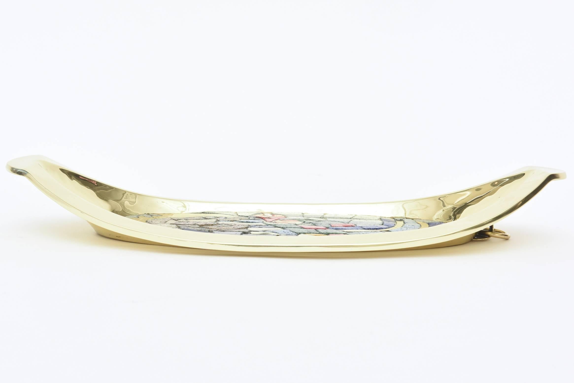 Mid-Century Modern Teran Attributed Hand-Wrought Polished Brass and Glass Mosaic Abstract Bowl
