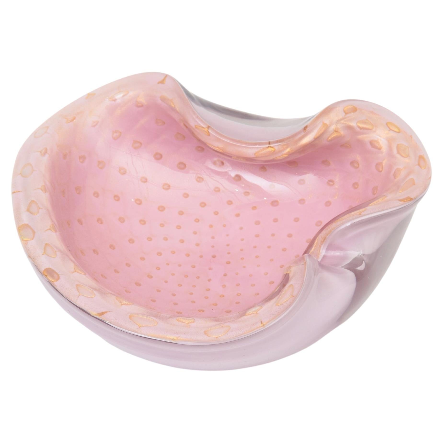 Vintage Murano Alfredo Barbini Pink Glass Bowl With Gold Aventurine, 1960's For Sale