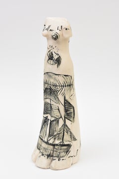 Abstract Graphic Female Ceramic Tall Torso with Charcoal Drawings, 1980's