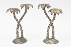 Vintage Coastal Silver Plate Palm Tree Candlesticks By Godinger, 1970's Pair Of