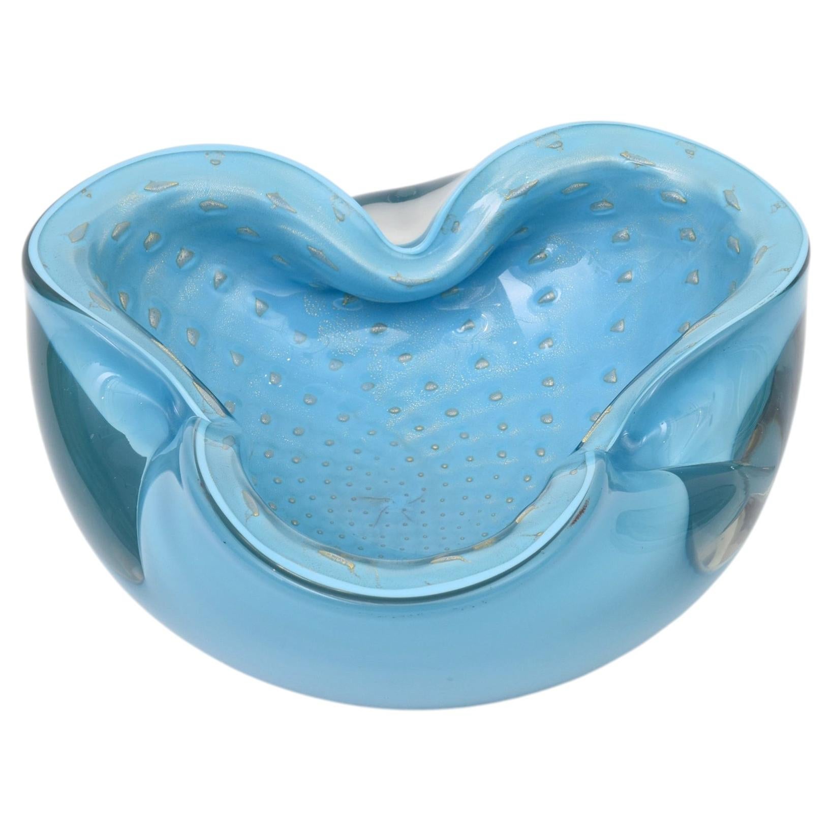 Murano Alfredo Barbini Glass Bowl In Tiffany Blue With Gold Teardrops, 1960's For Sale