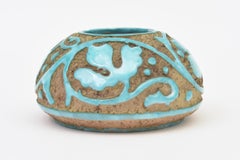 Vintage Italian Ceramic Textured Sgraffito Relief Bowl, Turquoise, Tan, 1950's