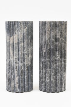 Marble Italian Ribbed Cylinder Vases in Grays and White, Pair Of