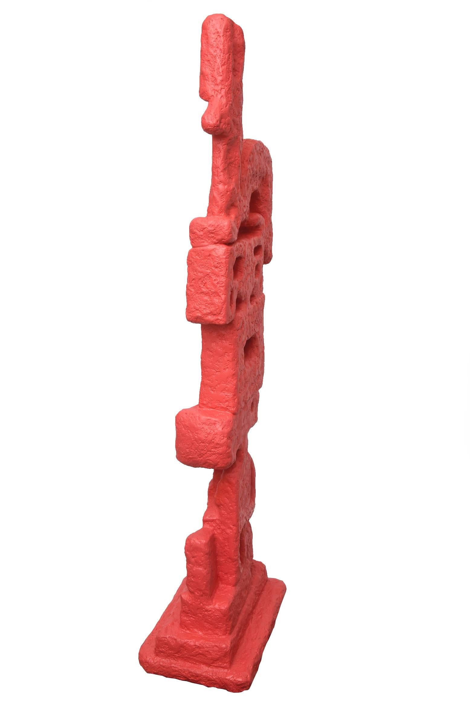 Fiberglass Plaster of Paris and Resin Red Abstract Totem Floor Indoor Sculpture For Sale