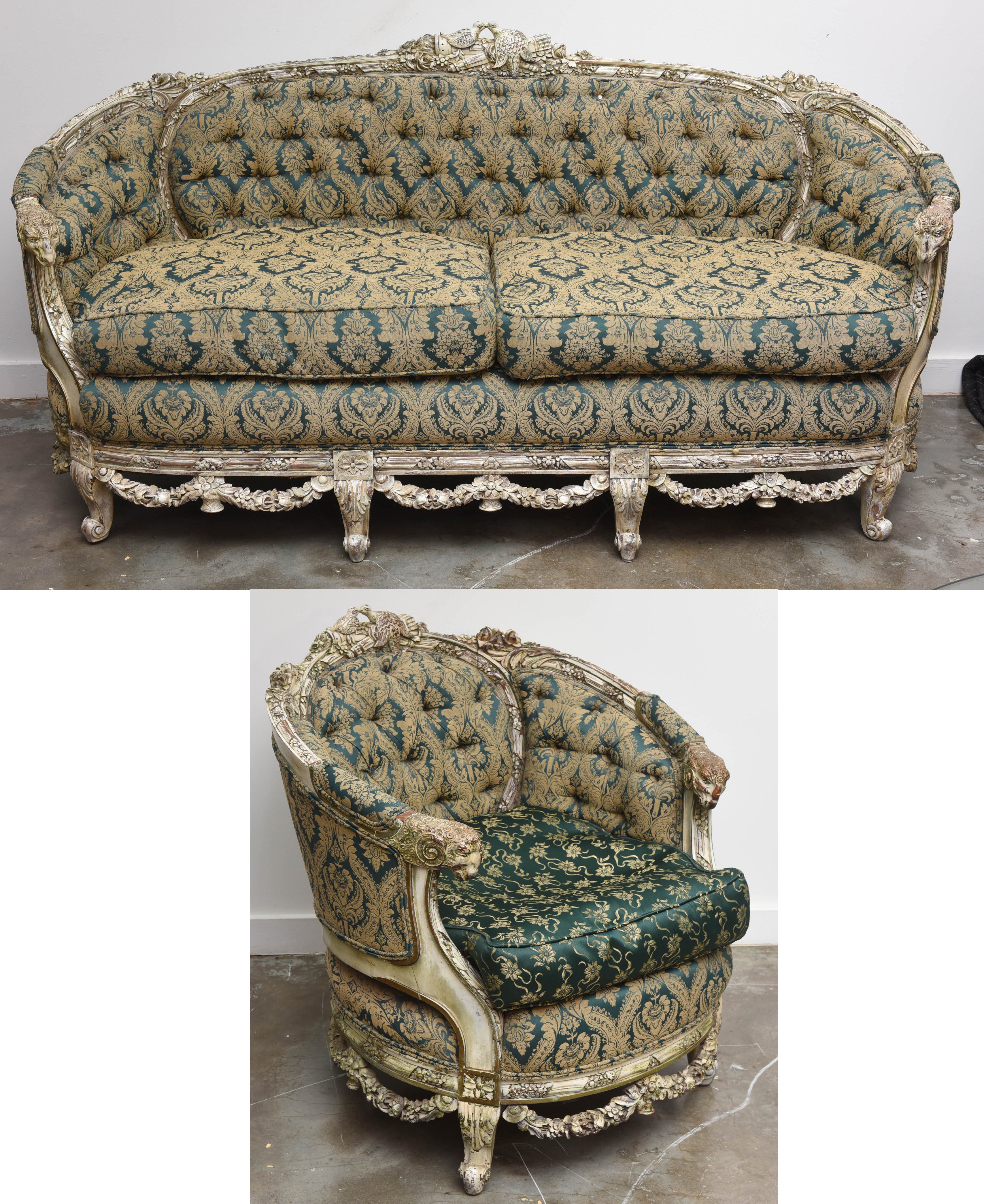 Ornately Carved 1920s Ram's-Head Sofa and Side Chair For Sale