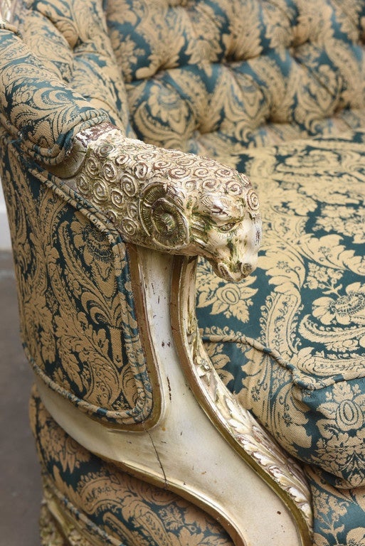 American Ornately Carved 1920s Ram's-Head Sofa and Side Chair For Sale