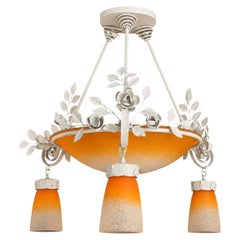 Vintage French Art Deco Frosted & Amber Gradient Glass Pendant Light