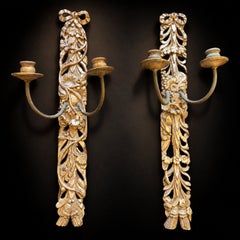 Pair of Vintage Carved Wooden Silver-Gilt Candle Wall Sconces