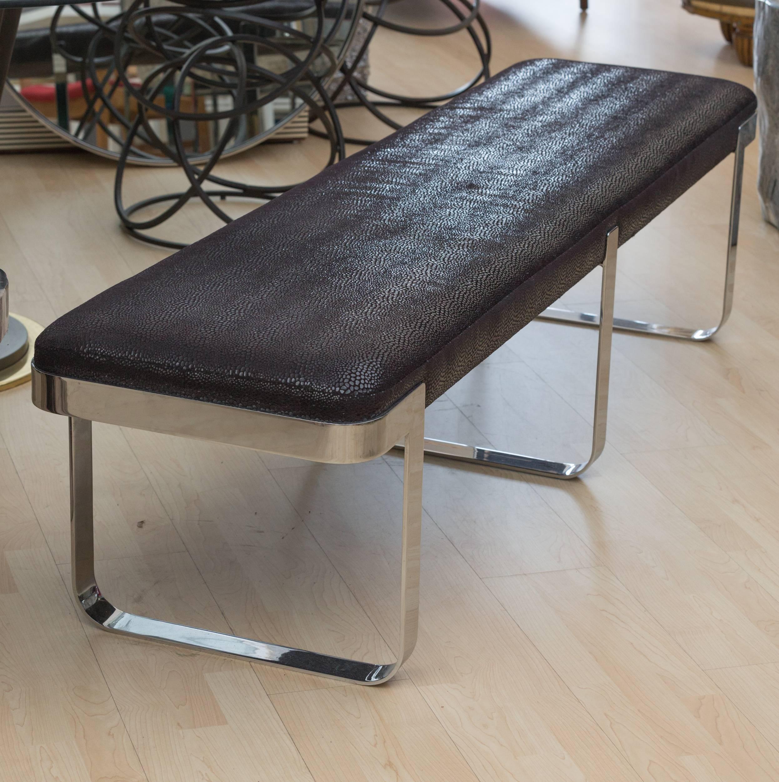 Long bench by Pace Collection.
Featuring a heavy steel chrome finished frame 
with Beacon Hill 
Microfiber upholstery.