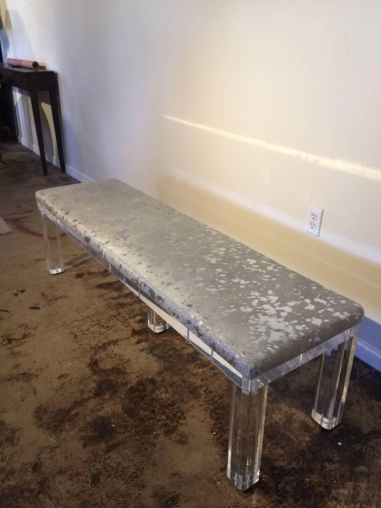 American Outstanding Lucite Bench with Silver Metallic Leather Hide Seat