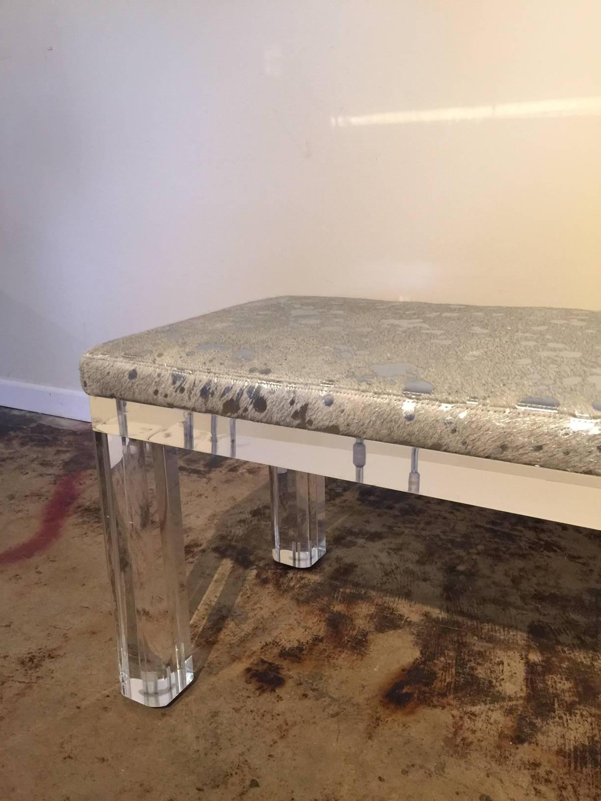 Outstanding Lucite Bench with Silver Metallic Leather Hide Seat In Excellent Condition In East Hampton, NY