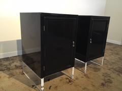 Pair of High Gloss Black Lacquer on Lucite Base Nightstands