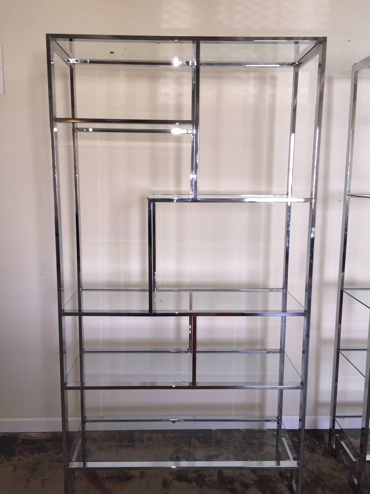 This wonderful pair of chrome shelves with highly sought after Greek key base, have all the original glass.