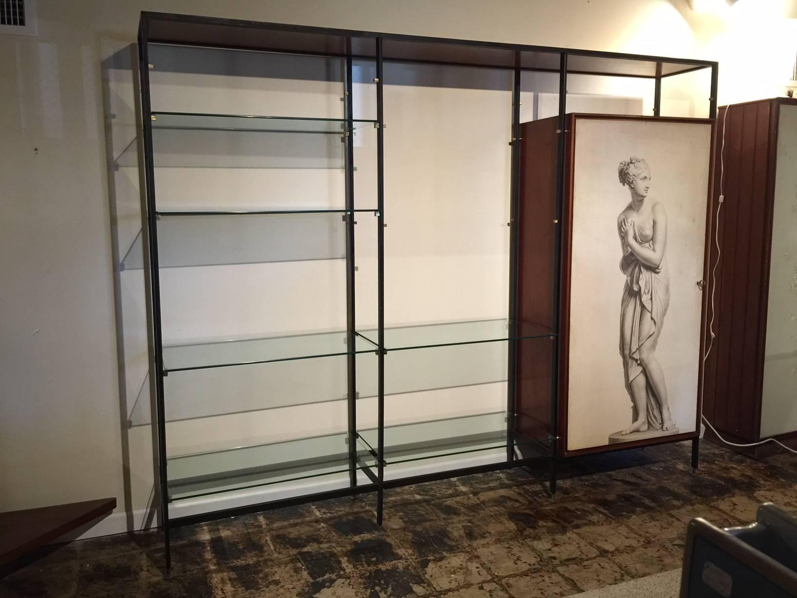 Signed Cesena - decorative painting of Aphrodite, Goddess of Love. Storage cabinet to right side. Glass shelves shown are a few but can take more (glass shelves are included) as well as interior glass shelves. See detail images. Cabinet dimensions: