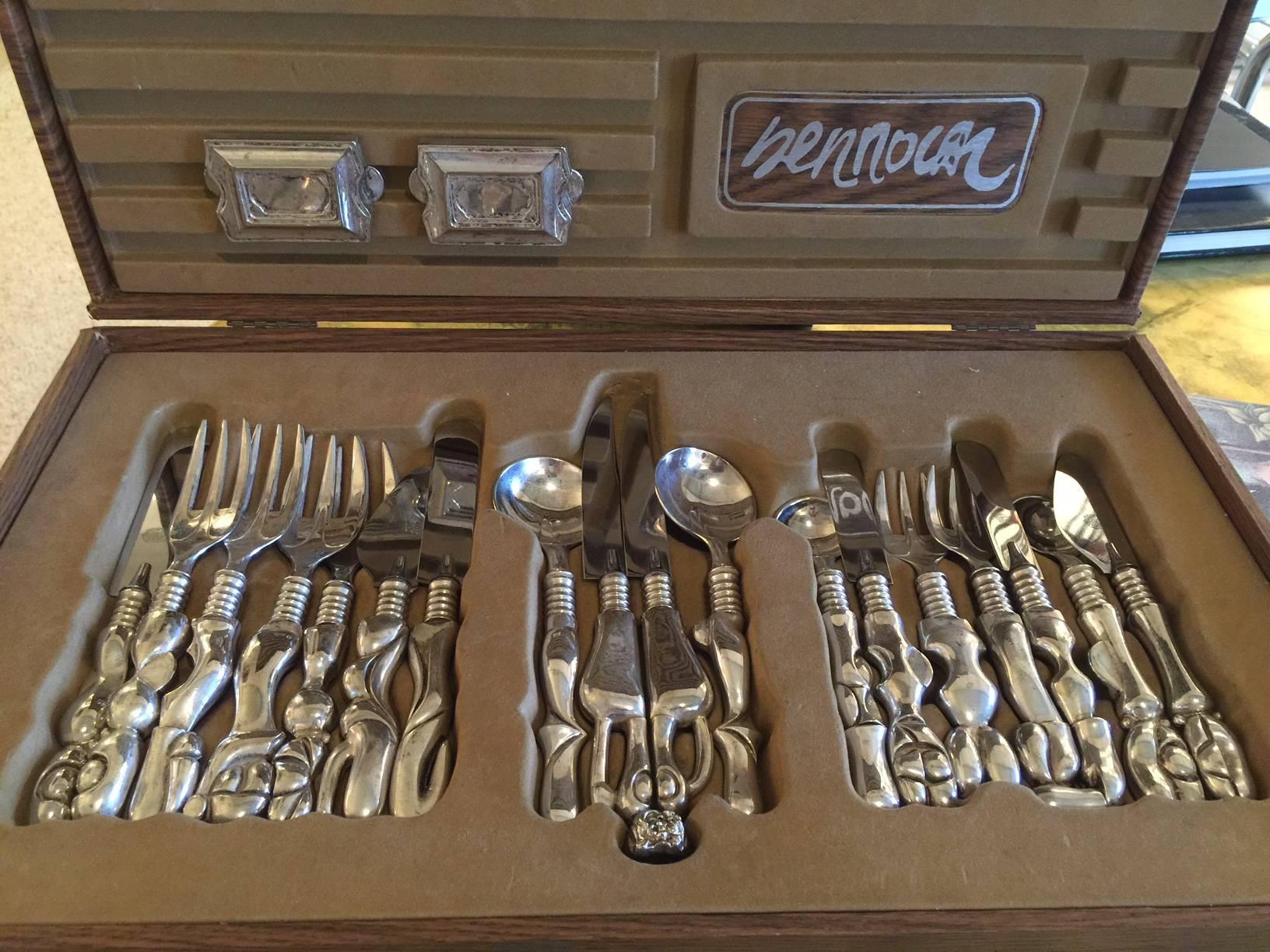 Miguel Ortiz Berrocal (1933-2006), cheese service with 18 unique pieces (forks, knives, spoons plus a ring and two ashtrays). All in silvered metal and in original box with designer name.  Provenance and authenticity paperwork included from the