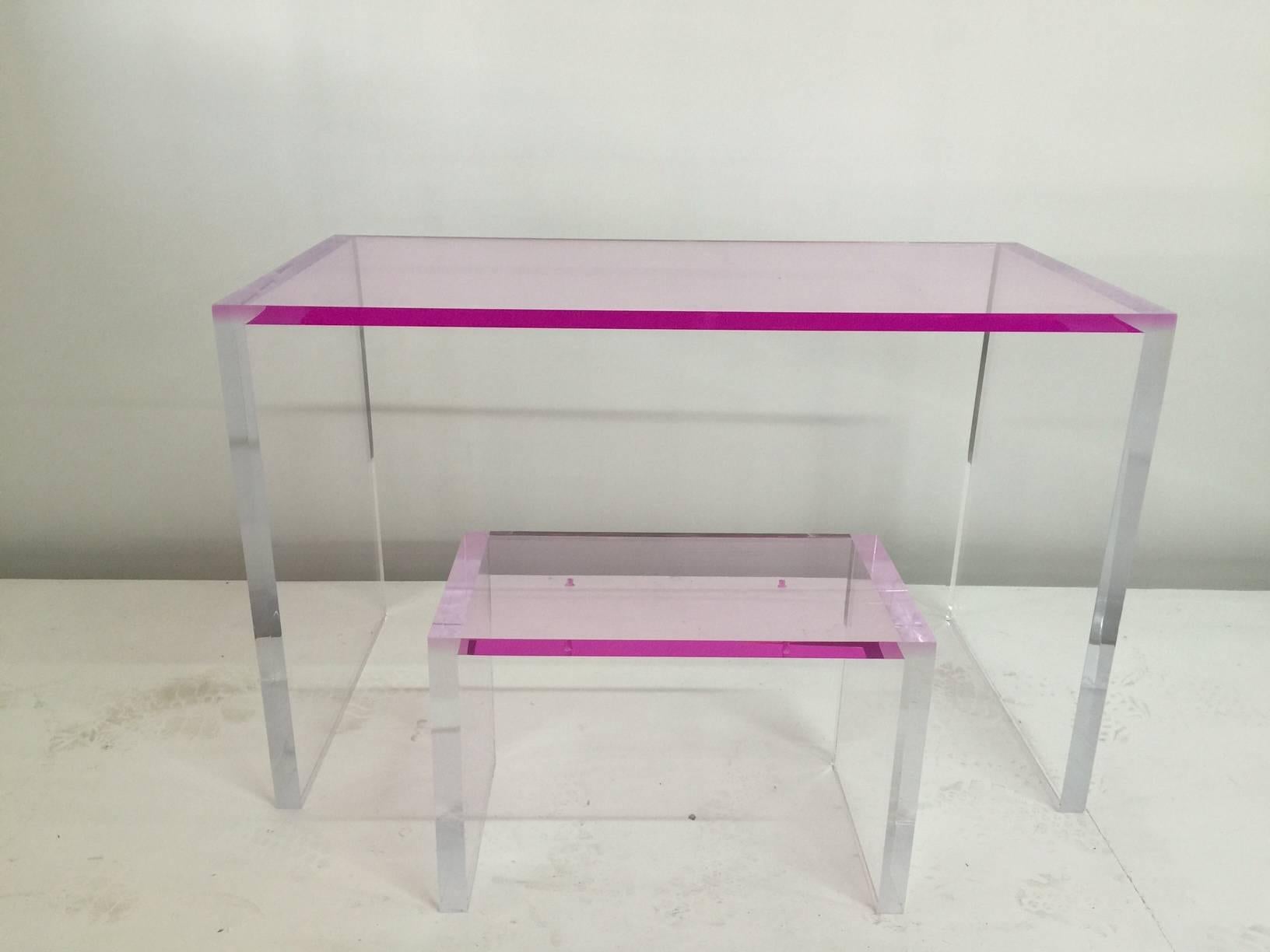 Contemporary Whimsical Pink and Clear Acrylic Desk and Bench